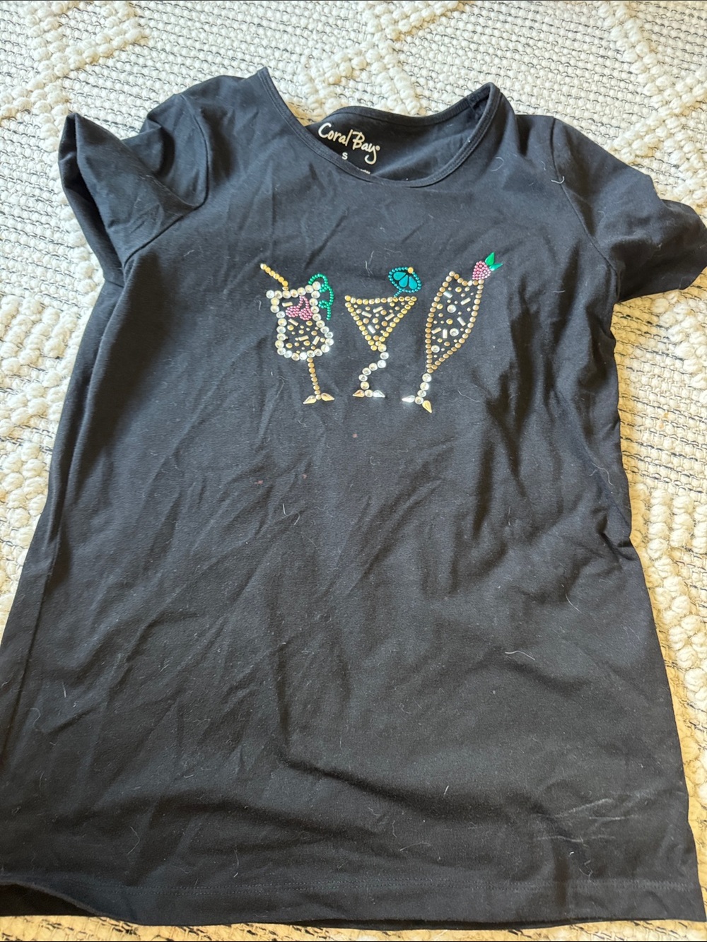 Coral Bay Black Tee with Gold and Teal Cocktail Rhinestones